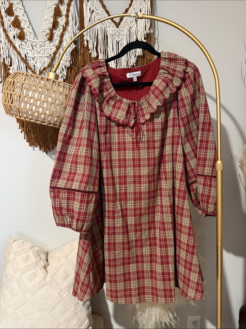 Polagram Red and Cream Plaid Ruffle Collar Dress